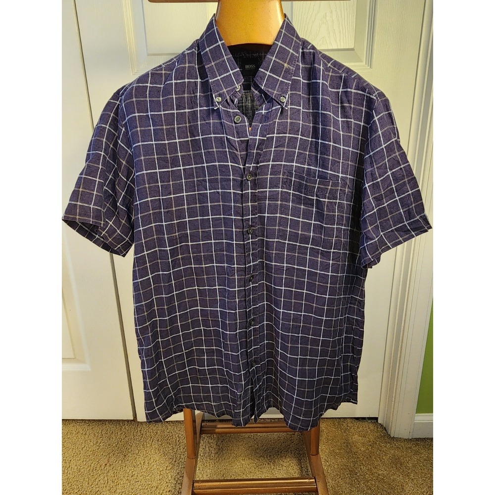 Boss Hugo Boss Mens Linen Navy Button Up Shirt Short Sleeve Size Large